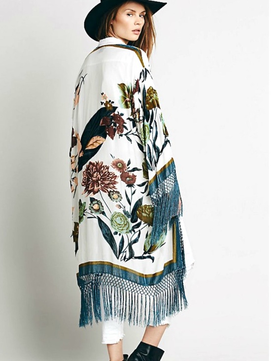 Free People Sugar Magnolia Burnout Velvet Kimono With Fringe One Size O/S - Picture 2 of 12
